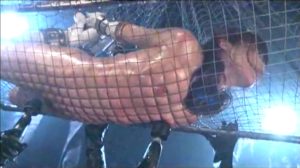 両手足を吊り上げ拘束されてヒロインのムチムチボディが犯される