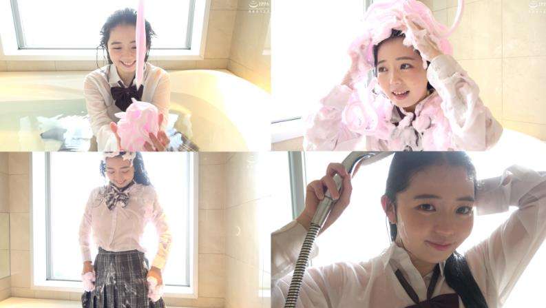 女の子がピンクの泡に戯れるメッシー